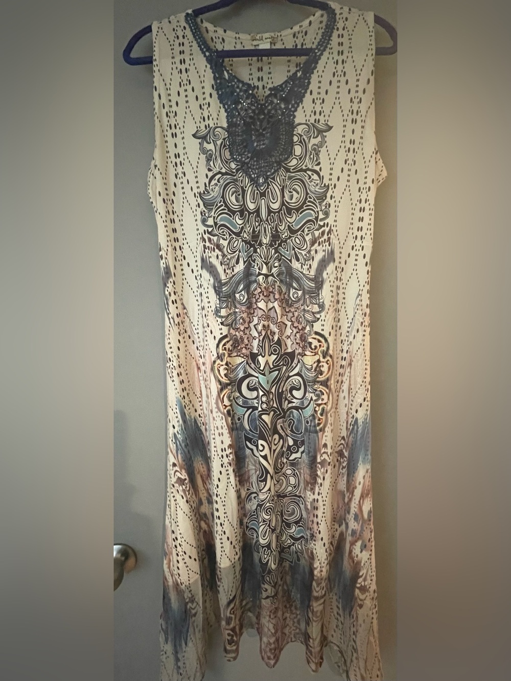 Cream Maxi Dress with Blue Paisley Print and Embellished Neckline